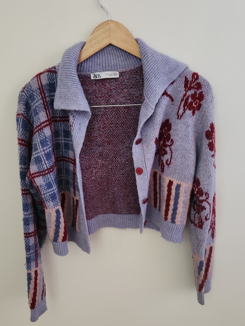 Zara Jacquard Plaid Flora Multi-Pattern Knit Button Cardigan Purple Small - Picture 2 of 6